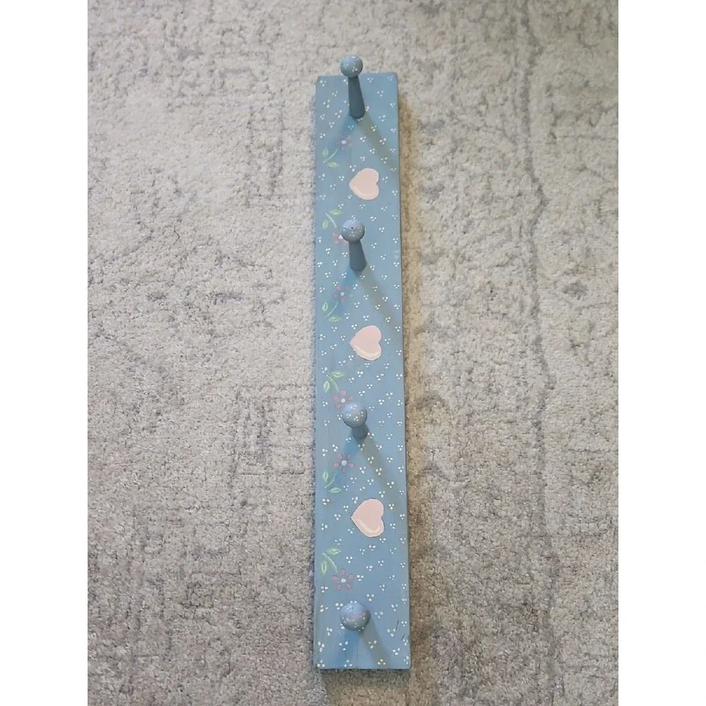 Hand Crafted Blue and Pink Wooden Heart Wall Peg Hook Rack